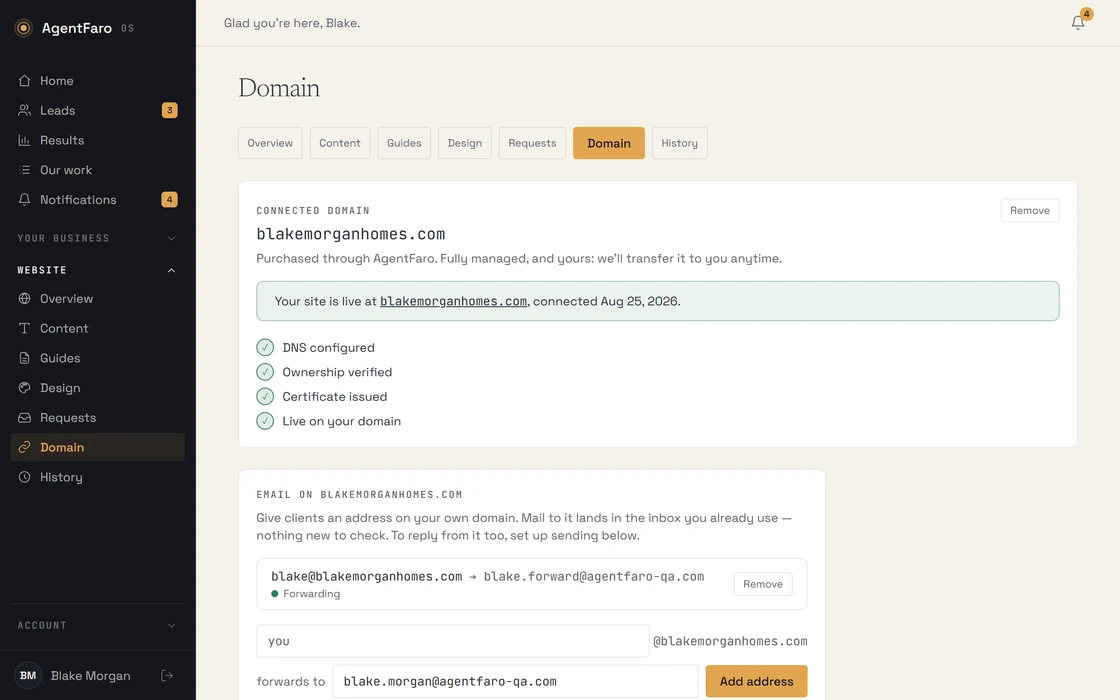 The AgentFaro dashboard's domain settings: the agent's own domain connected and live, with an email address on that domain forwarding to the inbox they already use.