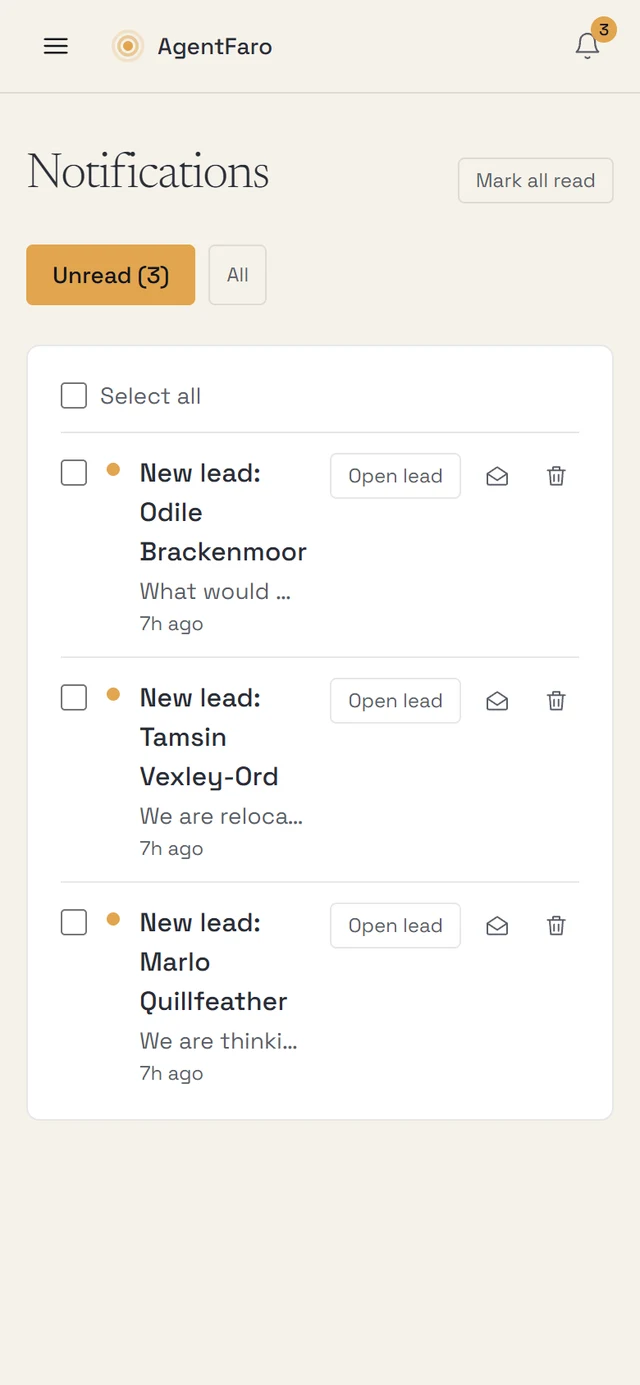 The AgentFaro dashboard on a phone: the notification inbox with three new leads from the agent's website, each with a button to open the lead.
