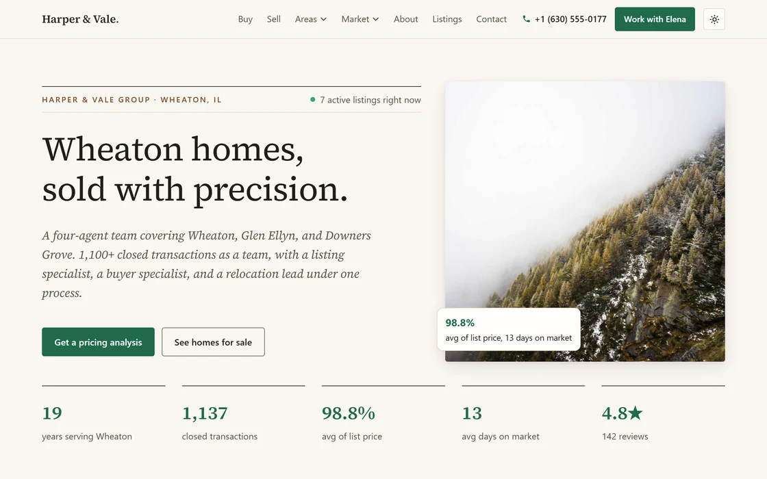 Editorial Broker design: a serif headline beside a photograph, with the team's numbers in a row below