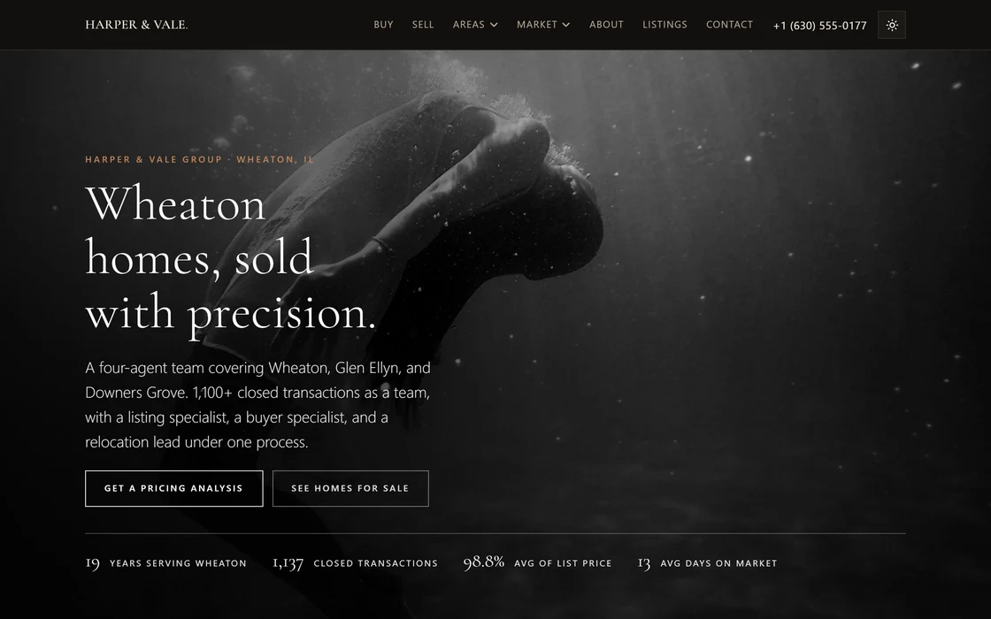 Luxe Noir design: a light serif headline over a dark full-width photograph, with a row of figures below